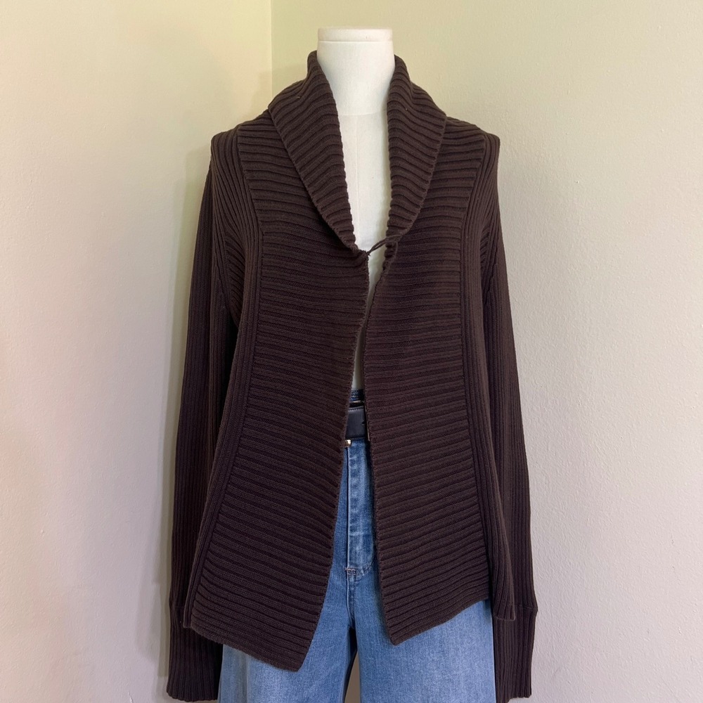 Calvin Klein Jeans 100% Cotton Brown Ribbed Shawl Collar Open Front Cardigan L